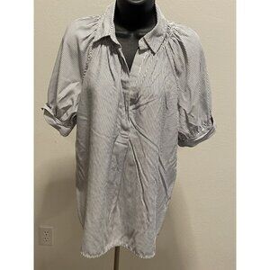 Max Studio London Womens Size Medium Blouse Short Sleeve Cuffed Striped